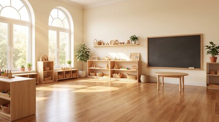 Fototapeta premium Sunlit, empty classroom with wooden furniture, blackboard, and potted plants