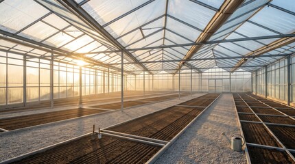 Obraz premium Empty greenhouse with rows of soil beds under glass roof