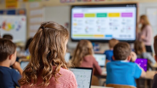 Medium shot of a tutor interacting with an AIpowered math learning dashboard highlighting personalized problem sets with blurred classroom background.