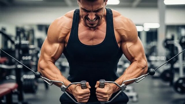 A muscular man performs a chest exercise in a fitness center