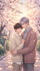 Fototapeta premium Digital Illustration of Loving Male Couple Embracing Gently Under Falling Cherry Blossom Petals