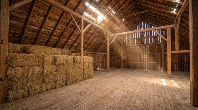 Empty rustic barn with stacked hay bales and wooden framework