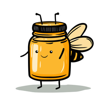 Honey jar character with bee wings and antennae