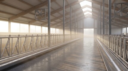 Obraz premium Empty barn corridor with metal railings and fans overhead