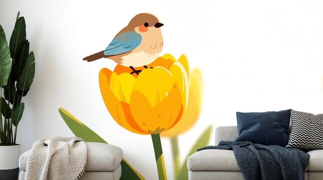 Small bird sits on bright yellow flower petal. Cute cartoon animal rests inside blooming plant in spring season. Colorful graphic character design creates cheerful mood. Simple flat art style brings