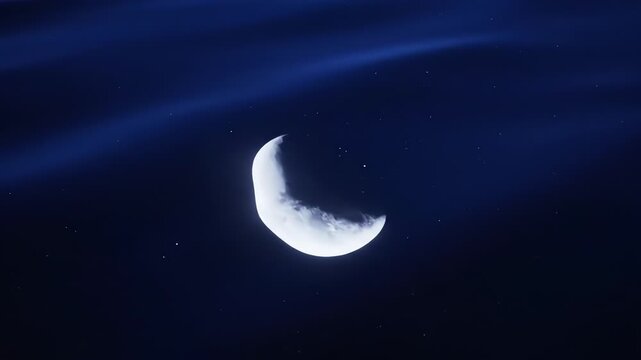 Crescent moon in a deep blue sky, adorned with faint starlight and nebulous light