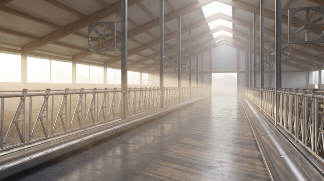 Empty barn corridor with metal railings and fans overhead