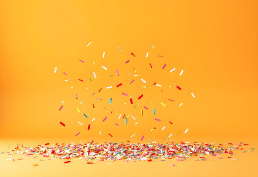 Colorful confetti falling and scattered on a bright orange background, celebration and party with copy space, Colorful confetti falls and scatters across a bright orange background