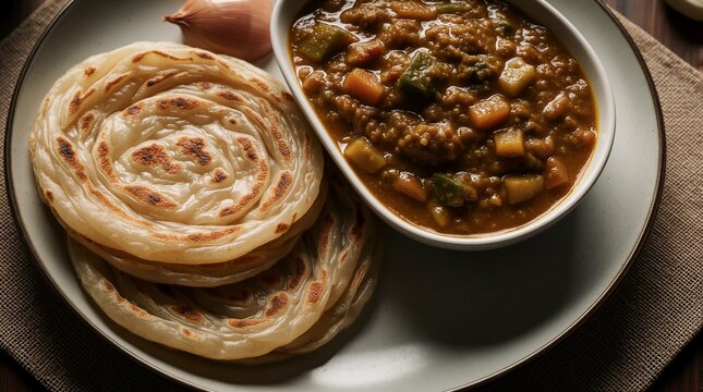 Crispy layered parotta bread served with hot vegetable curry on plate. Traditional Indian breakfast meal with spicy gravy, fresh onion. Tasty South Asian homemade food platter ready for eating.
