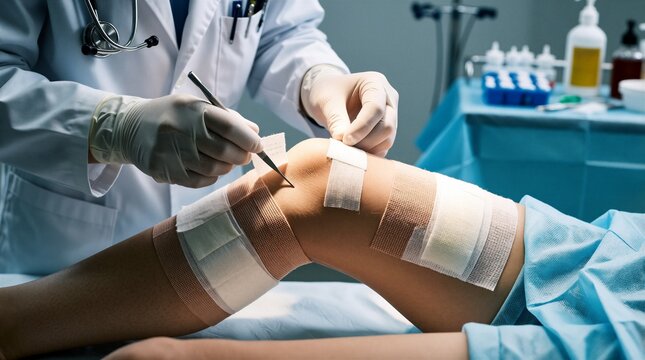 Surgeon wears gloves performing knee surgery procedure in sterile clinic. Medical pro uses sterile instruments to operate on patient leg, bandaging joint for healing.