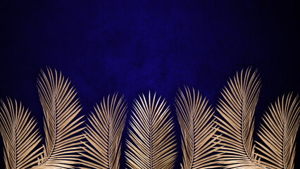 Large tropical leaves on a blue background. Mural for the walls. Drawing for the interior. © antura