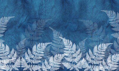 Large fern leaves on a blue background. Mural for the walls. Drawing for a terrier. © antura