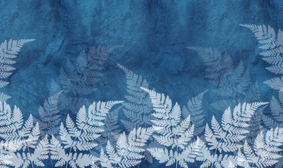 Large fern leaves on a blue background. Mural for the walls. Drawing for a terrier. © antura