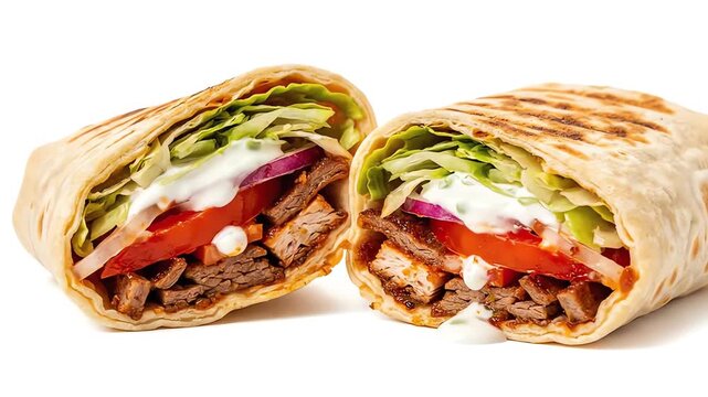Cross-section of two tortilla wraps, filled with meat, veggies, and creamy sauce