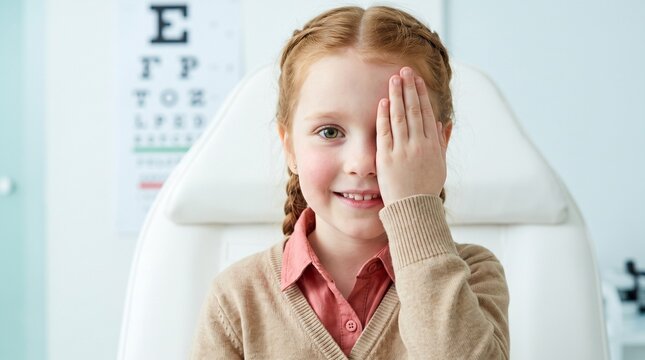 Pediatric ophthalmology. Smiling young girl covering one eye during a visual acuity test in an eye clinic