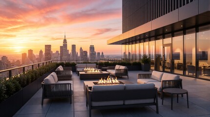 Obraz premium Modern corporate rooftop terrace with fire pit lounge area at sunset. Empty outdoor balcony features stylish furniture sofas, tables. Panoramic cityscape view with skyscrapers in background.