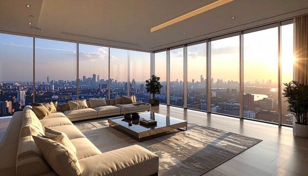 Luxurious penthouse living room with panoramic city views at sunset.