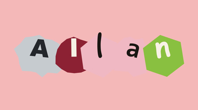 The name allan written in colorful cut out paper style letters on a soft pink background design