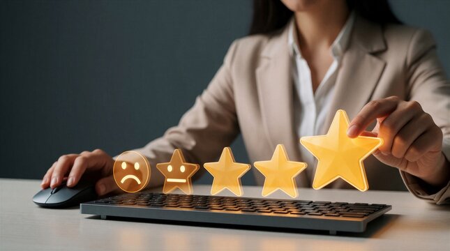 Business woman clicks computer mouse to give five star rating feedback. Pro person selects best service ranking with digital hologram emoticon interface. Client evaluates quality performance online