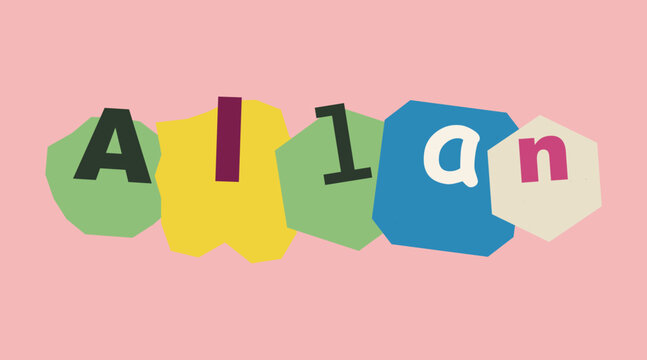 Colorful hand cut paper collage letters spelling the word alian on a soft pastel pink background
