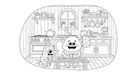 Fototapeta premium Adorable cartoon monsters enjoying a baking activity in a detailed kitchen, perfect as a black and white coloring page for kids.