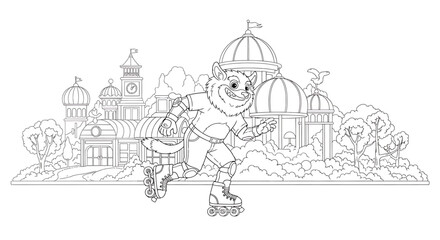Fototapeta premium Cute cartoon tiger character on roller skates in front of a whimsical city skyline, coloring page outline