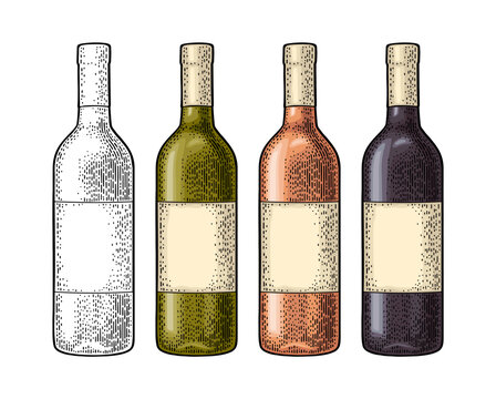 White, rose, red wine in green, transparent, dark glass bottle with empty label. Vintage color engraving vector illustration isolated on white background. Hand drawn design element