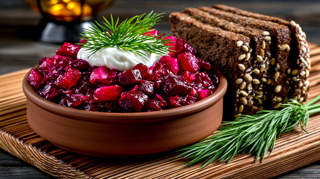 Hearty beet salad with dill and sour cream served with slices of dark bread on a wooden board