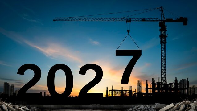 crane lifting number 7 come down to 2027 , prepare for welcome start of beginning new year 2027 with silhouette construction site and worker staff team cooperate together , sunrise sky at background