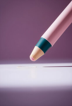 Pink makeup pencil with a soft sponge tip creating a circular mark on a light surface with a purple background, the cosmetic tool features a teal band and is set against a purple background