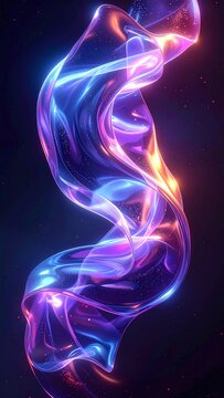 A futuristic abstract neon ribbon flows dynamically with glowing sparkles against a dark background, evoking energy and wonder. Perfect for modern digital tech artwork. Nobody.