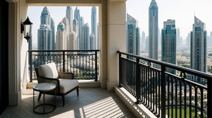 Obraz premium Modern penthouse balcony with soft armchair, small table overlooks huge city skyscrapers. Elegant terrace features metal railing, herringbone stone floor tiles. Luxury highrise apartment provides