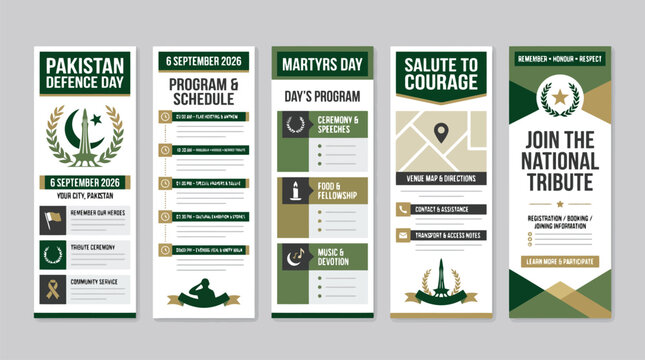 Pakistan Defence Day vertical banner set, 6 September Martyrs Day program and schedule templates, national tribute event flyers with green and gold accents
