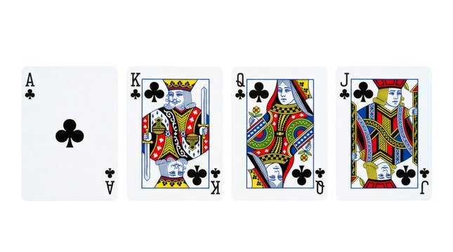 Playing cards clubs set featuring the ace king queen and jack showing royal symbols isolated on transparent background