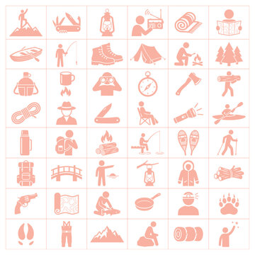 Collection of outdoor adventure icons featuring camping equipment and wilderness survival tools in minimalist line style