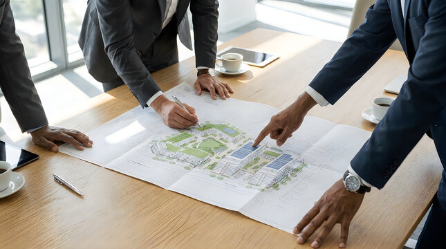 Architects working together on building site plan project at office table with architecture