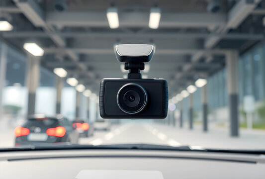Modern black dash cam mounted on a car windshield, recording traffic and road conditions for safety and security