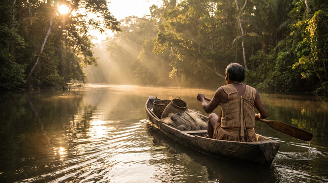 Tribe member paddling canoe river forest sunlight morning traditional basket nature water tropical indigenous wooden adventure exploration calm peaceful travel outdoor lifestyle culture