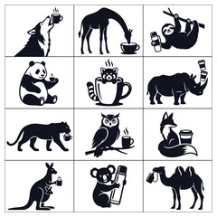 Fototapeta premium Fun set of animals holding coffee cups and thermoses in simple black and white style