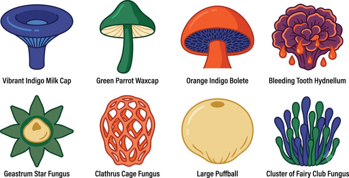 Flat vector illustration set of eight unique mushroom and fungus species on white background with descriptive titles.