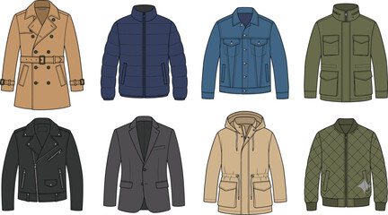 WebMen winter and autumn jacket fashion flat sketch vector collection featuring coats blazers and outerwear templates © MdSaddam