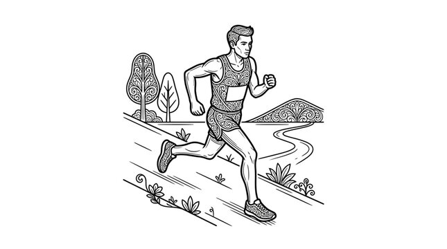 Male runner jogging through park path engraving style.