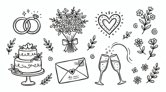 Set of playful hand drawn wedding illustrations. Doodle drawings of rings, bouquet, heart, cake, envelope, champagne glasses, and decorative floral elements. Clean retro line art, isolated on white 