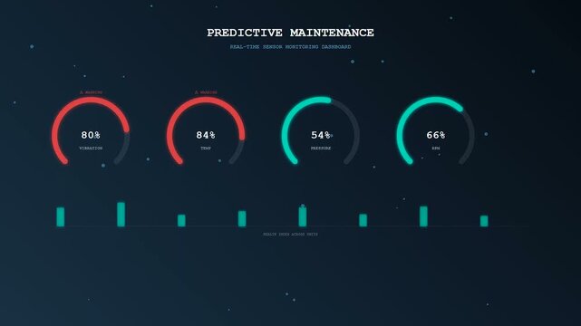 Predictive maintenance monitoring displays changing circular data gauges showing varying levels of sensor activity on a dark digital interface screen with glowing particles moving across display