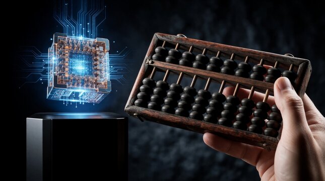 Modern quantum computing processor cube floats against traditional wooden abacus held by human hand. Digital circuit board glowing blue neon light meets ancient math tool for arithmetic calculation.
