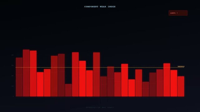 A predictive maintenance monitoring system displays bar charts showing component wear cycles in a dark digital interface showing data fluctuations over time in a software environment