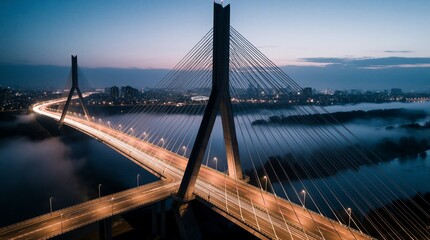 Obraz premium Aerial view of cable bridge at twilight over foggy river with city lights in background. Car light streaks show traffic movement on highway infrastructure. Modern engineering marvel connects urban