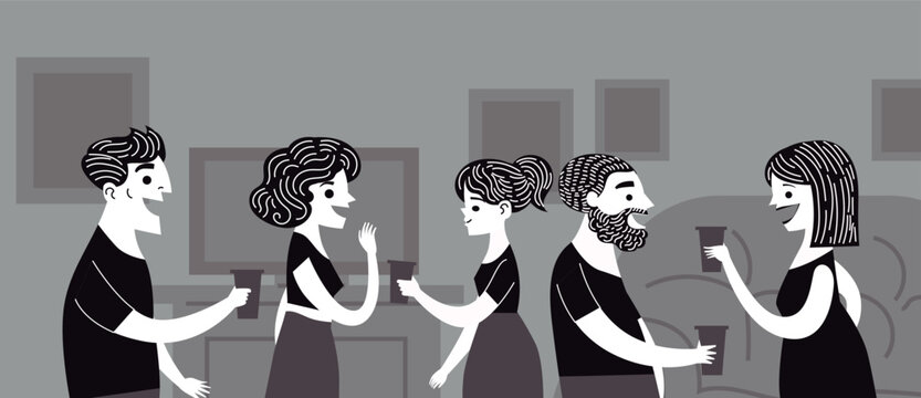 group of friends socializing at a lively party while talking and drinking together