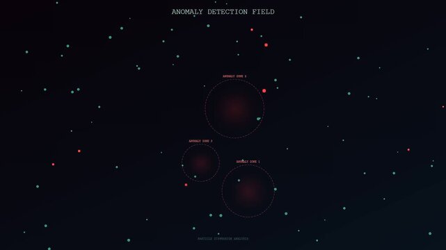 A predictive maintenance monitoring system tracks digital data points in a dark void space as glowing circles appear to mark specific zones of detected orbital particles