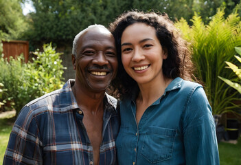Fototapeta premium Happy multi-ethnic couple smiling outdoors in a lush green garden family togetherness and diverse relationships